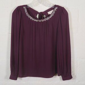 LOFT Purple Tie-Neck Blouse with Rhinestone Collar SP